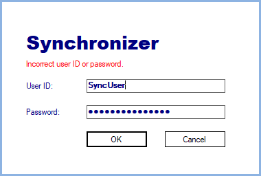 How to solve the Incorrect user ID or password error for the Synchronizer – InfoBridge